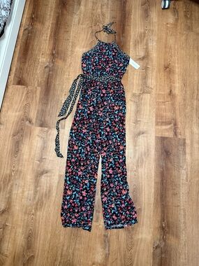Kingston Black Floral Halter Tie-Waist Jumpsuit with Pink & Blue Flowers